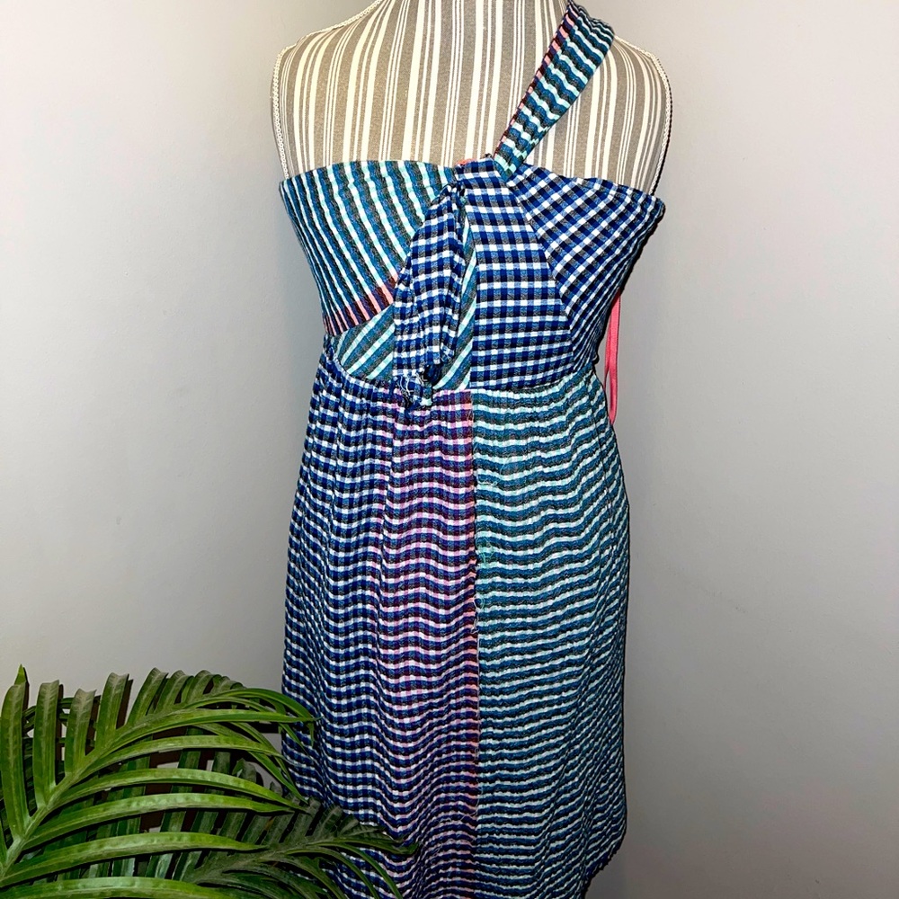 Maeve Anthropologie Gingham Asymmetrical Mid-Length One-Shoulder Dress